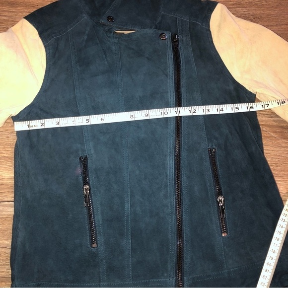 CHASER Suede Leather Blue Body Cream & Grey Cuff Sleeves Colour Block Moto Sz XS - Picture 9 of 11